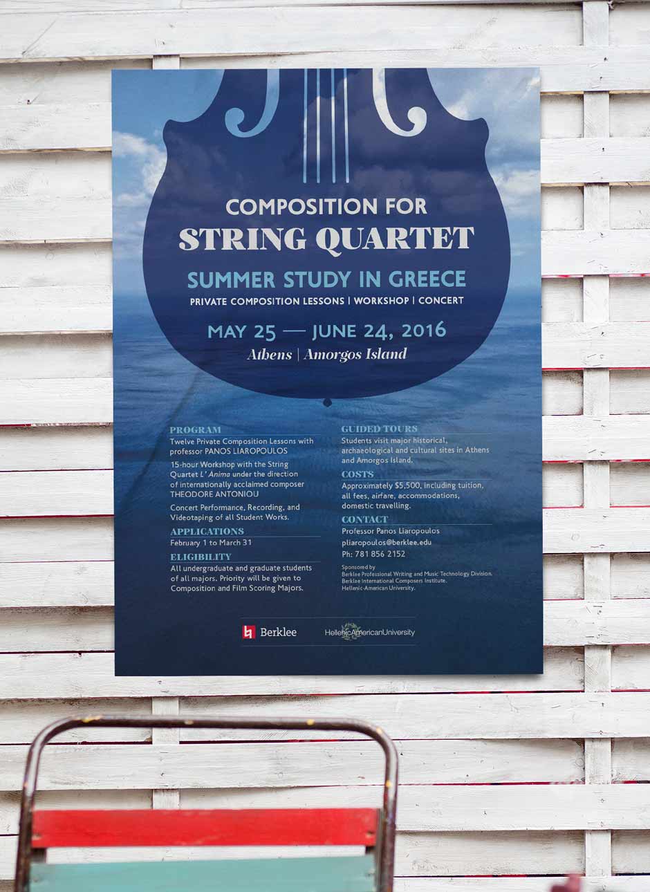 Vertical poster for summer music education program featuring bold red coloring and visual elements for string quartet studies. NO IDEA. Branding Graphic Design Agency.
