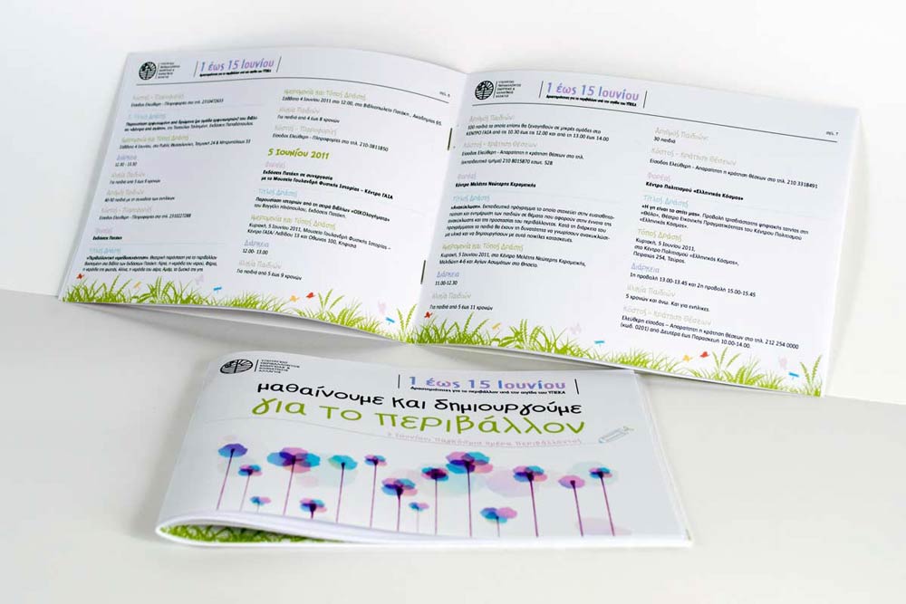 Environmental campaign brochure with detailed event schedule visualization and interactive location map for participants. NO IDEA. Branding Graphic Design Agency.