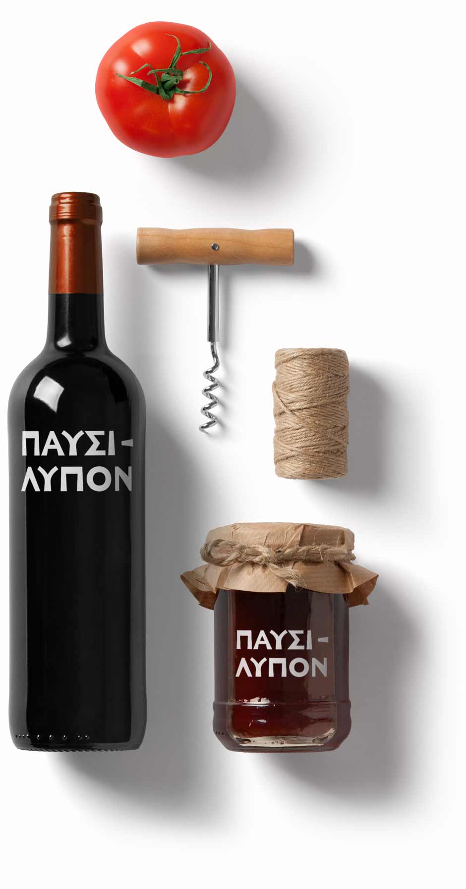 Graphic identity applications on wine and food packaging for Pafsilypon restaurant with consistent styling. NO IDEA. Branding Graphic Design Agency.