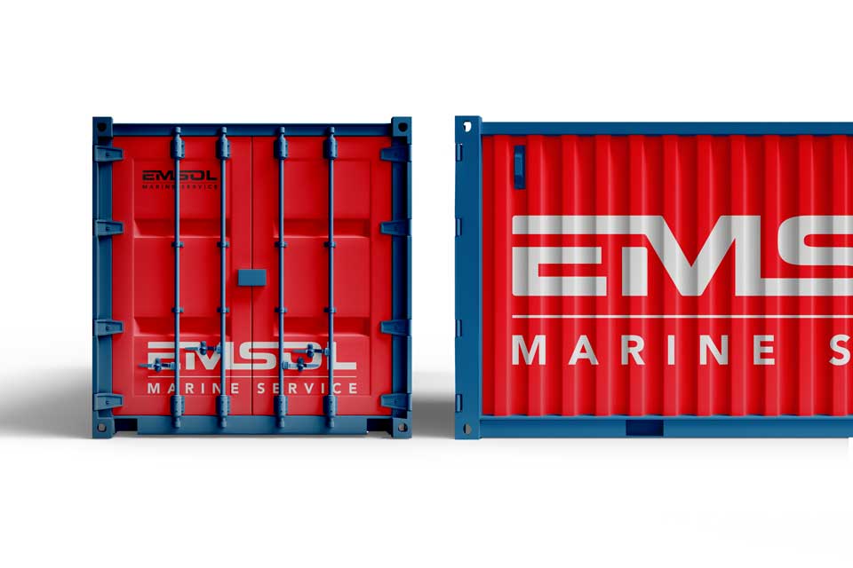 Logo application on shipping container - external branding for maritime transport company. NO IDEA. Branding Graphic Design Agency.