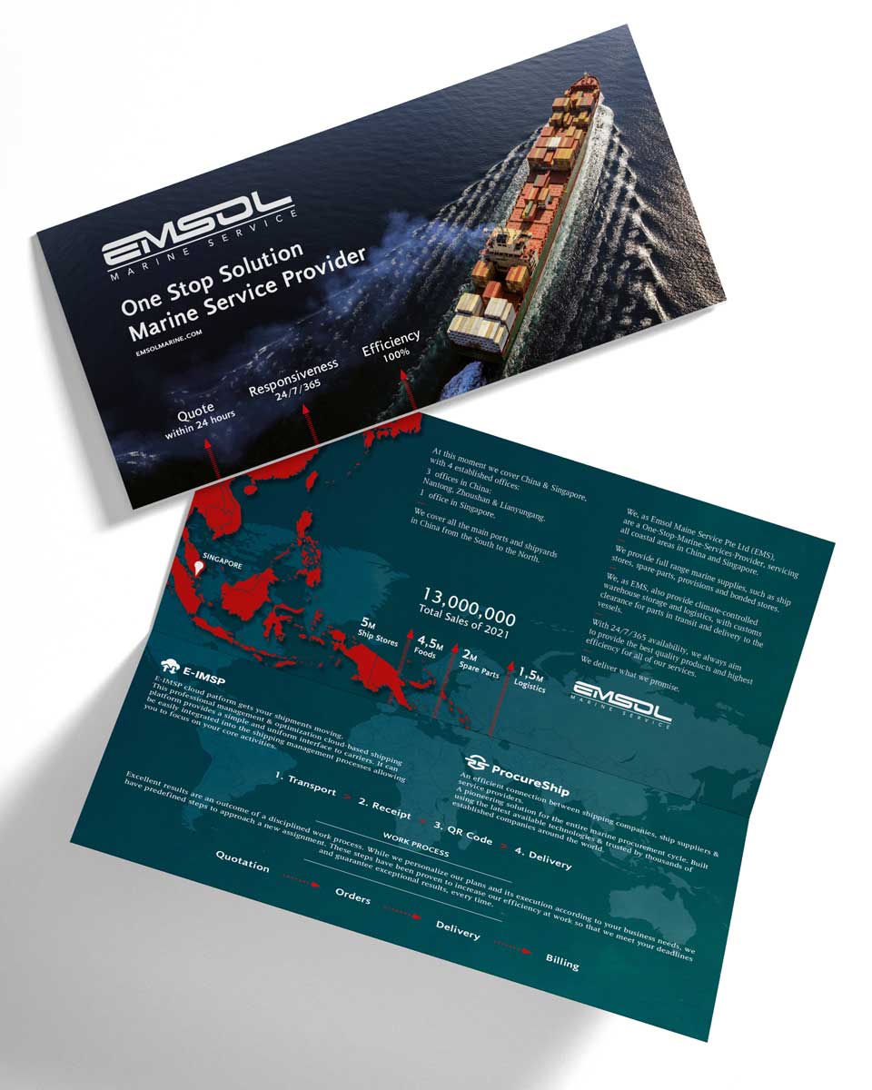 Maritime services brochure design with clean typography and professional layout for shipping industry. NO IDEA. Branding Graphic Design Agency.