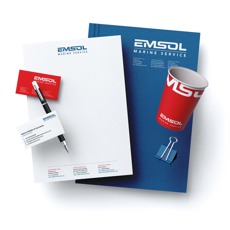 Maritime company stationery package with business cards and letterheads featuring red-blue color scheme. NO IDEA. Branding Graphic Design Agency.