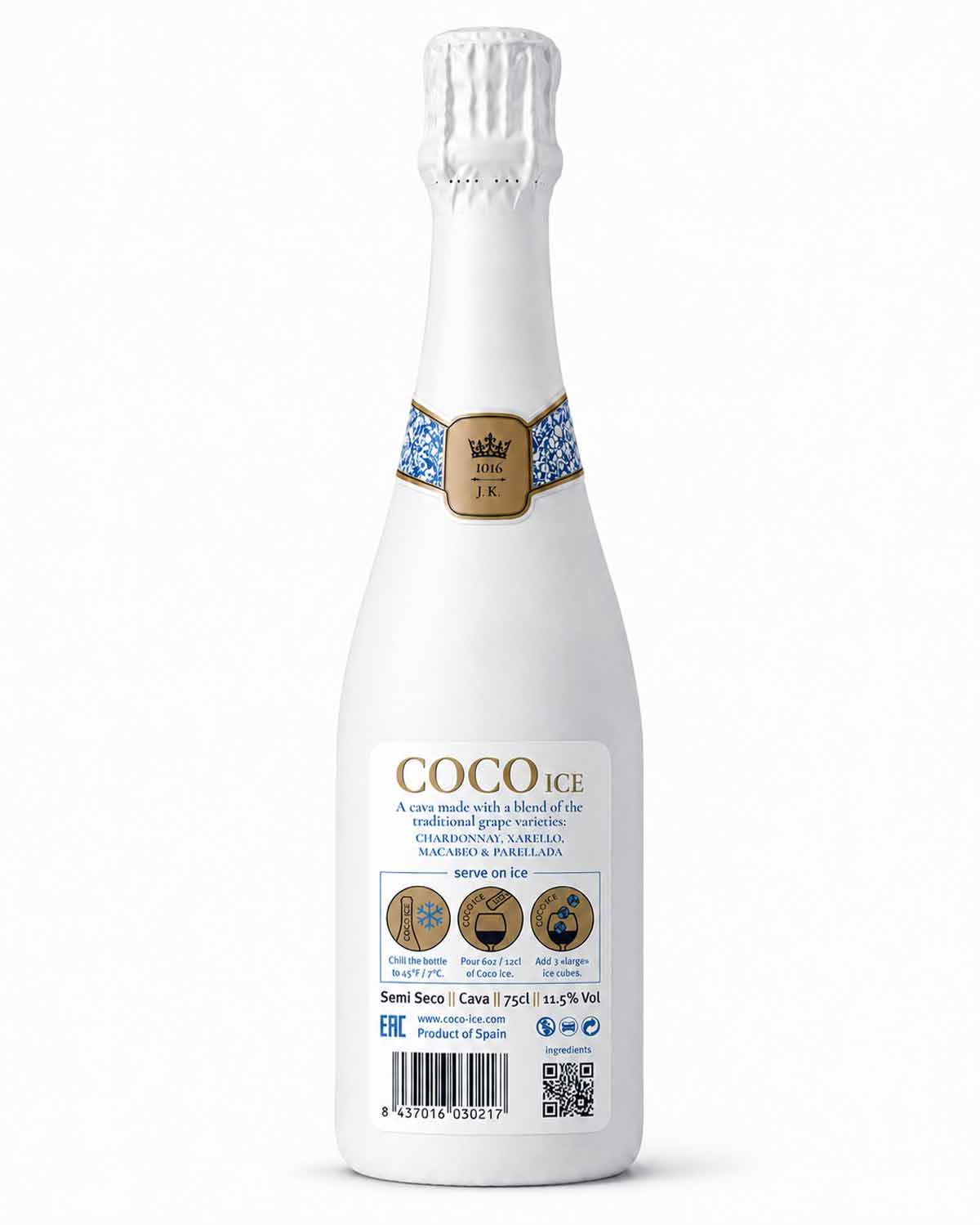 Back view of COCO ICE bottle with sparkling wine label, serving instructions, barcode, QR code. NO IDEA Branding Graphic Design Agency