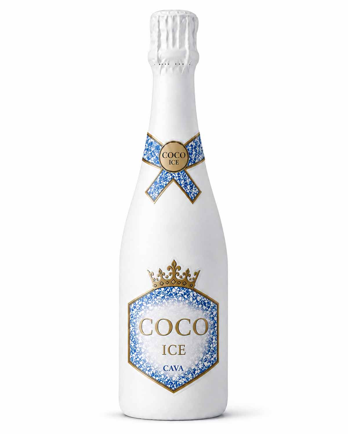 Front view of COCO ICE sparkling wine bottle design with custom die-cut label, artwork and gold details. NO IDEA Branding Graphic Design Agency