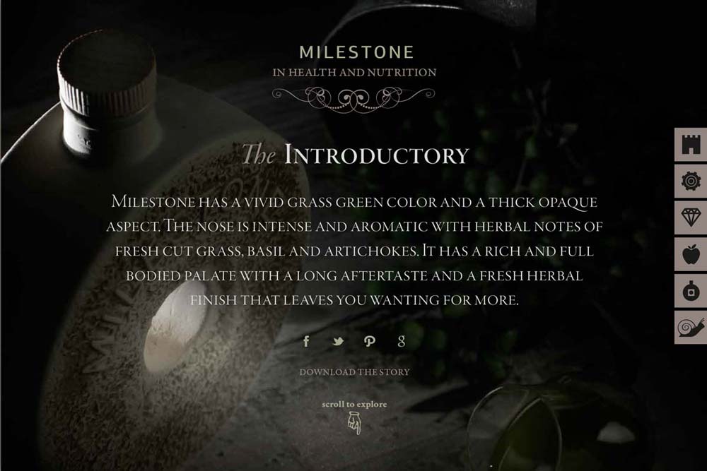 Responsive homepage design for Milestone olive oil with elegant product photography and navigation. NO IDEA. Branding Graphic Design Agency.