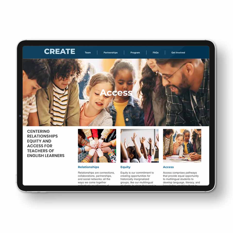 Educational website design with intuitive user interface showcasing CREATE program curriculum and resources. NO IDEA. Branding Graphic Design Agency.