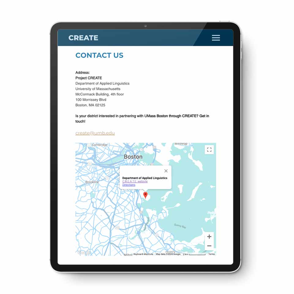 Content management system integration for UMASS Boston CREATE program website with user-friendly navigation. NO IDEA. Branding Graphic Design Agency.