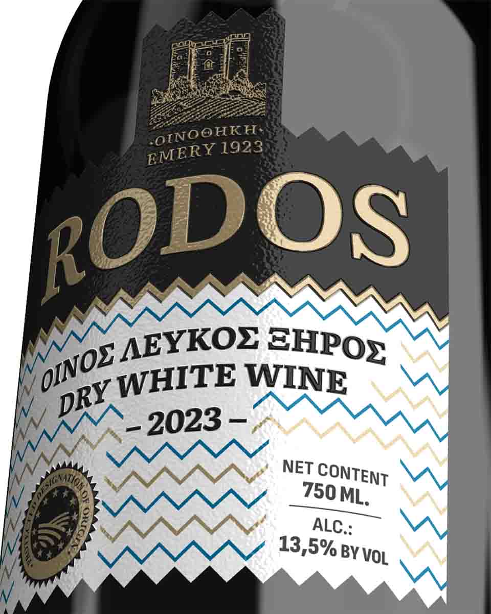 Detail view of white wine packaging with cultural heritage design elements. NO IDEA. Branding Graphic Design Agency.