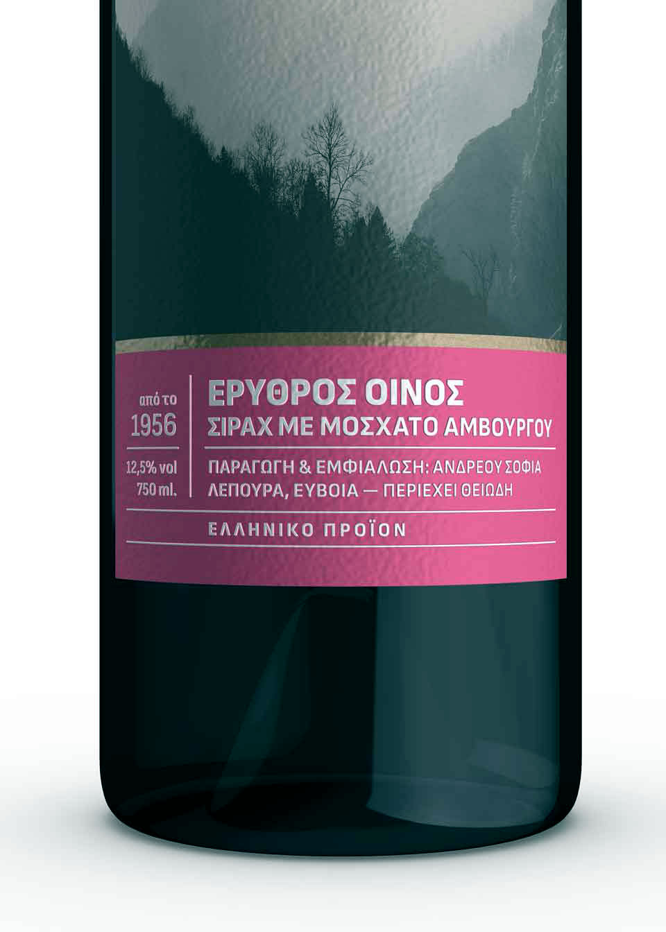 Red wine bottle with applied label - perspective view highlighting texture and premium finish. NO IDEA. Branding Graphic Design Agency.